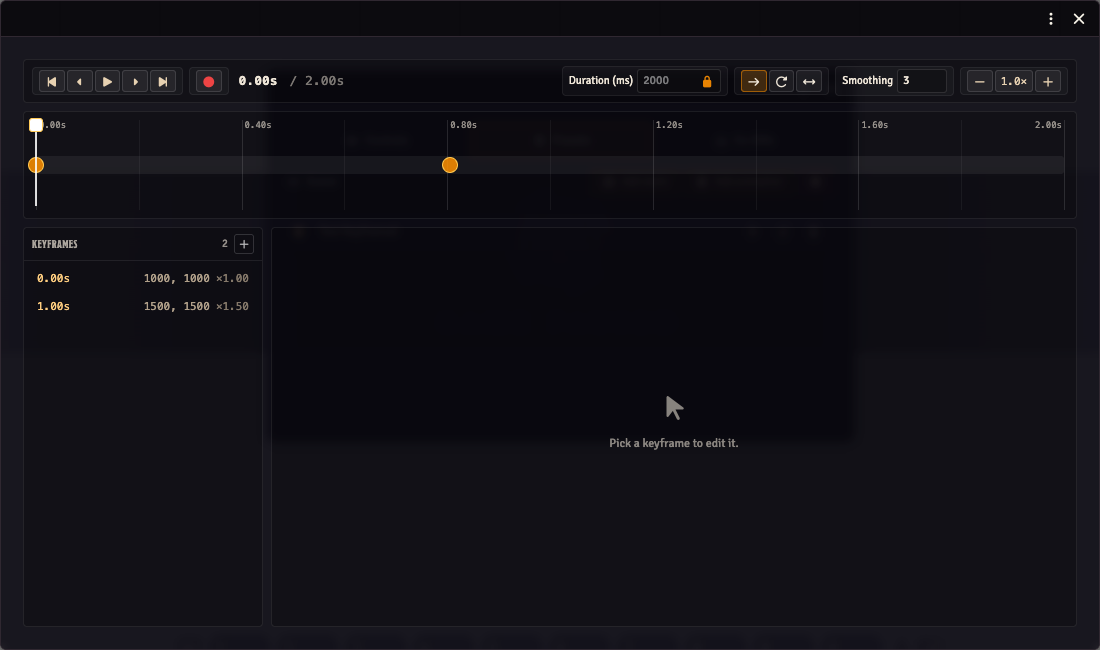 Animation Preset Editor — toolbar, timeline strip, and KEYFRAMES sidebar