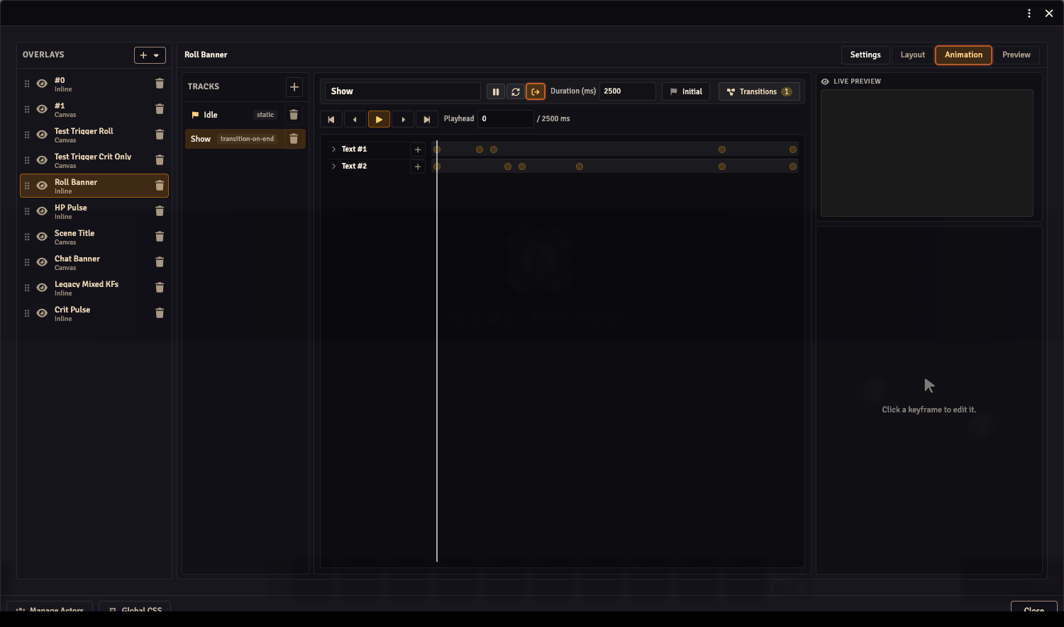 Composer Animation workspace — TracksPane, timeline, and LivePreview