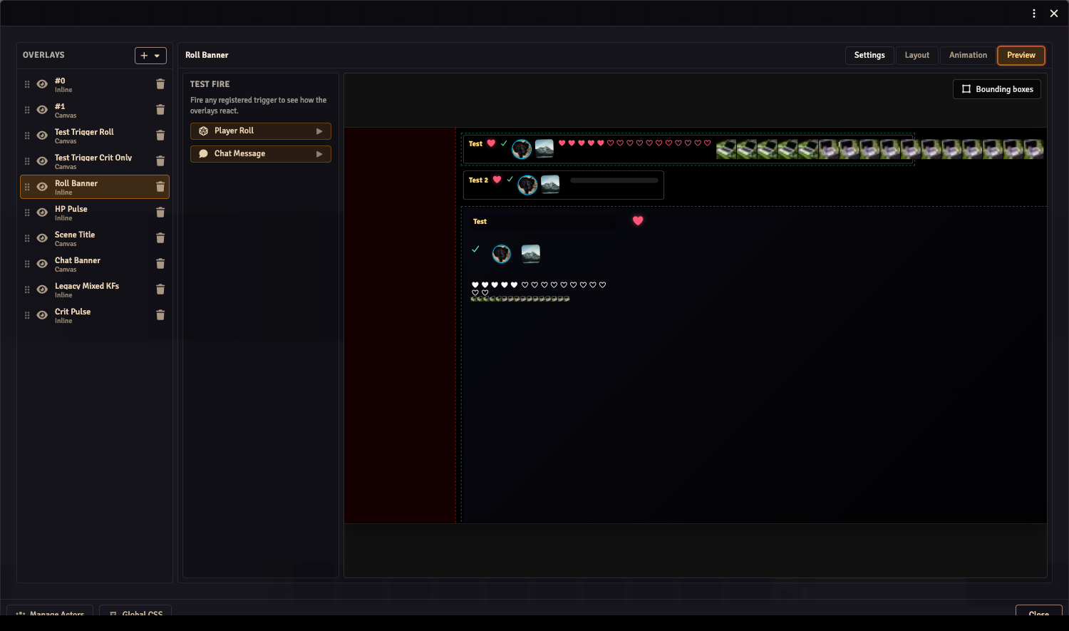 Composer Preview workspace with TEST FIRE panel and canvas render