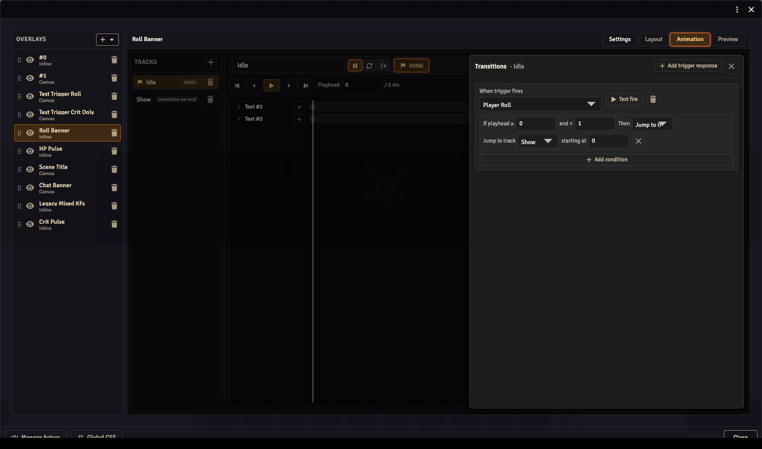 Transitions drawer showing a Player Roll trigger with a condition row and Add condition button